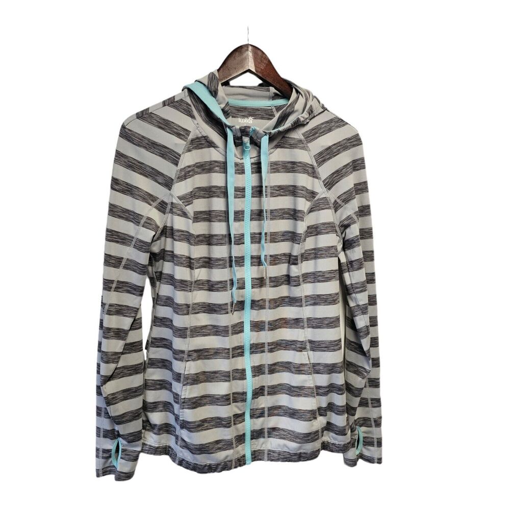 LUKKA Striped Hooded Athletic Jacket Long Sleeve Zip Up LARGE Gray